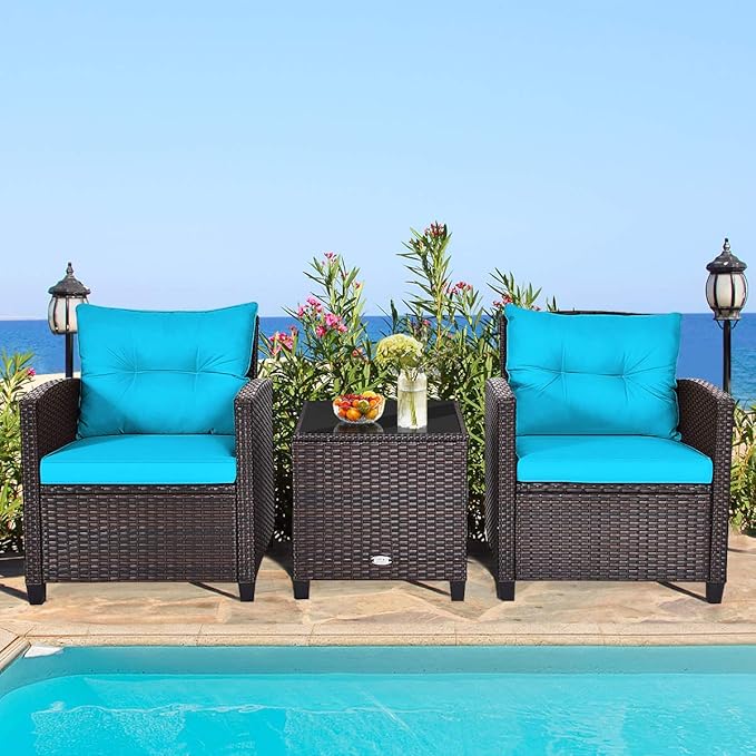 RELAX4LIFE 3 Piece Patio Furniture Set, Wicker Bistro Conversation Set w/ 2 Cushioned Armchairs & Glass Topped Table, Outdoor Rattan Sofa for Porch Balcony Poolside (Turquoise)
