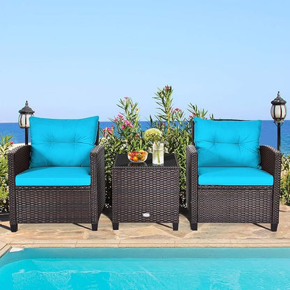 RELAX4LIFE 3 Piece Patio Furniture Set, Wicker Bistro Conversation Set w/ 2 Cushioned Armchairs & Glass Topped Table, Outdoor Rattan Sofa for Porch Balcony Poolside (Turquoise)