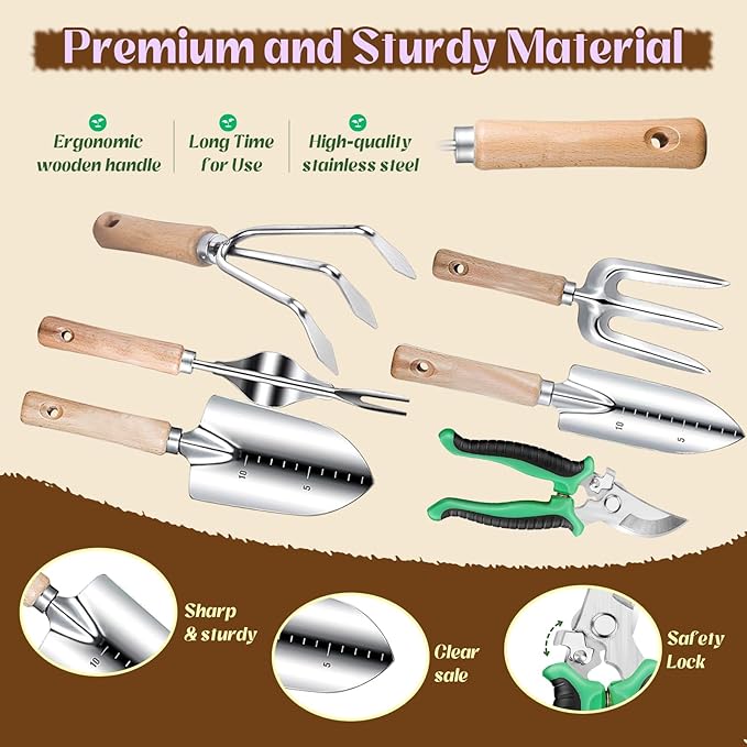 Gardening Tools Set 9-Piece Heavy-Duty Gardening Gifts for Women Mom Wife Gardening Hand Tools with Purple Floral Tote Bag and Repotting Mat, halilus Stainless Steel Garden Supplies Kit