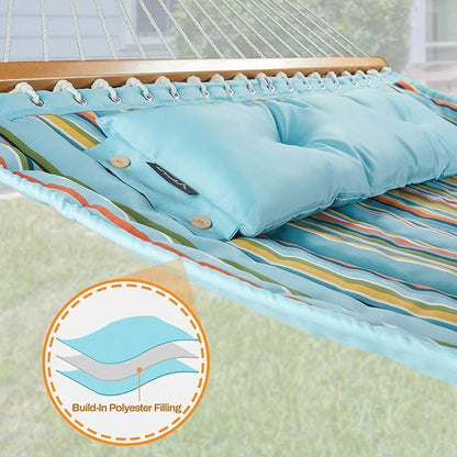 12 FT Double Quilted Fabric Hammock with Spreader Bars and Pillow 450 LBS Weight Capacity 2 Person Hammock for Outdoor Patio Backyard Poolside