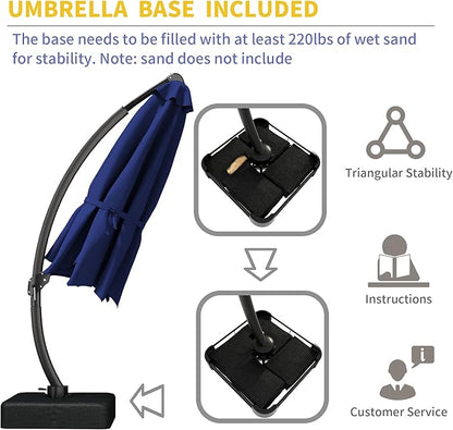 Kingdura 12ft Cantilever Patio Umbrella with Base Included, Large Round Offset Outdoor Pool Umbrella, 360° Rotation & Infinite Tilt, Heavy Duty Aluminum Frame for Deck Backyard, Navy blue