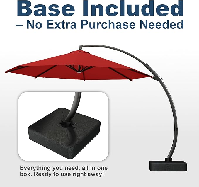 12FT Cantilever Umbrella with Base Large Curvy Outdoor Aluminum Offset Umbrella w/ 360° Rotation, UV Resistant Canopy for Patio, Garden, Backyard, Red