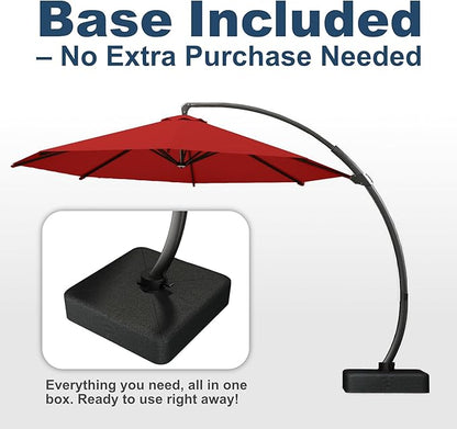 12FT Cantilever Umbrella with Base Large Curvy Outdoor Aluminum Offset Umbrella w/ 360° Rotation, UV Resistant Canopy for Patio, Garden, Backyard, Red