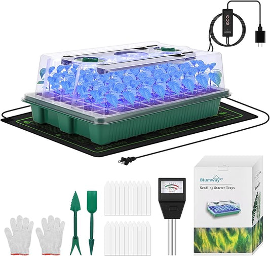 BlumWay 4-in-1 Seed Starter Tray with Grow Light &Heat Mat & Soil Meter Set,40-Cells Seedling Tray with Humidity Dome for Indoor Plant
