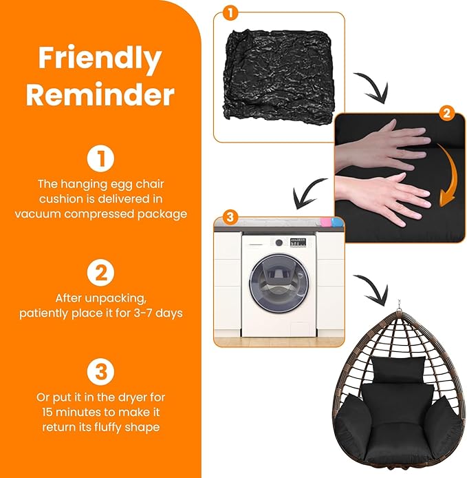 Egg Chair Cushion, Hanging Basket Hammock Seat Cushion, Thick Soft Egg Swing Chair Pad with Headrest for Patio Porch Furniture Outdoor (Black, 39.37x45.28x4.72in)