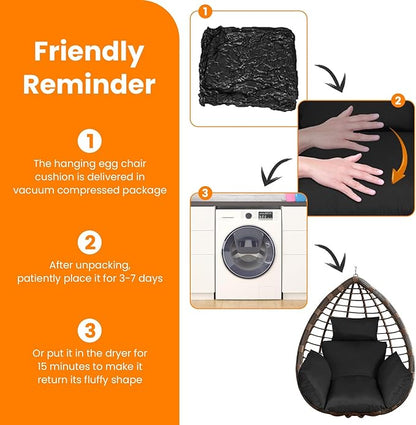 Egg Chair Cushion, Hanging Basket Hammock Seat Cushion, Thick Soft Egg Swing Chair Pad with Headrest for Patio Porch Furniture Outdoor (Black, 39.37x45.28x4.72in)