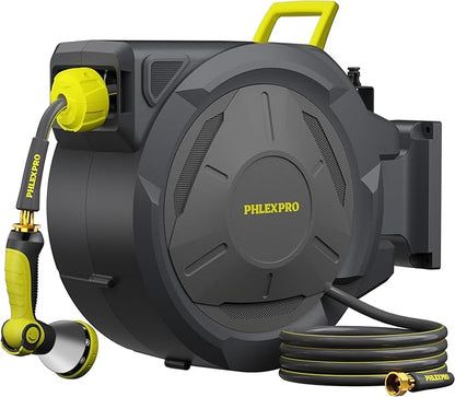 Retractable Garden Hose Reel 105FT, 1/2 inch Wall Mounted Hose Reel with Full Brass Fittings, 10 Patterns Spray Nozzle, Any Length Lock, 180° Automatic Rewind