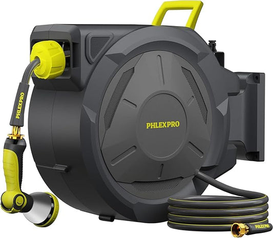 Retractable Garden Hose Reel 105FT, 1/2 inch Wall Mounted Hose Reel with Full Brass Fittings, 10 Patterns Spray Nozzle, Any Length Lock, 180° Automatic Rewind