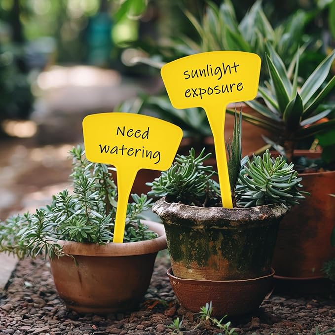 Plant Labels 60 Pcs Yuanling Plant Markers Large Plastic Plant Tags T-Type Waterproof Garden Labels for Outdoor Indoor Potted Plants Flowers Seeds Herbs Belt Garden Marker Pen (Yellow)
