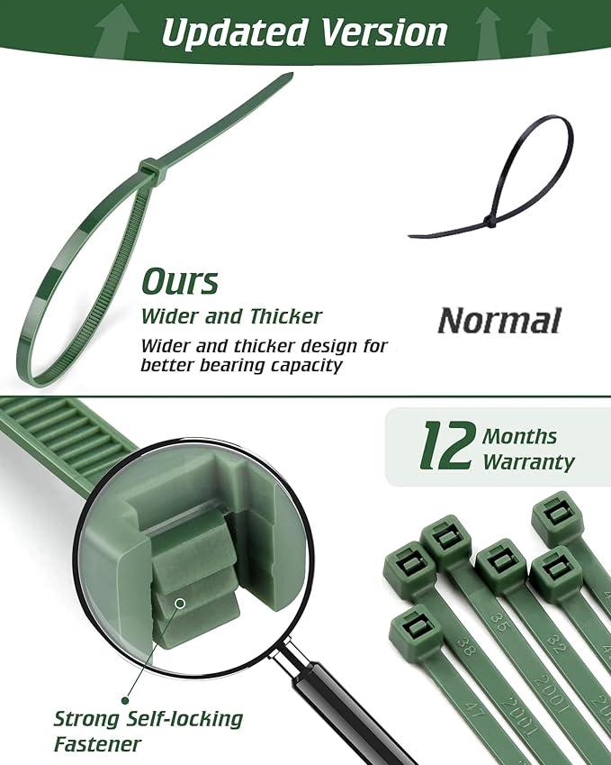 8 Inch PA66 Green Zip Ties, 100 Pcs 3.6mm Heavy Duty Plastic Wire Ties with 45 Lbs, Premium Self-locking Nylon Cable Ties Decoration Tie Wraps for Christmas Tree Gardening Fence Plants Grid Wall