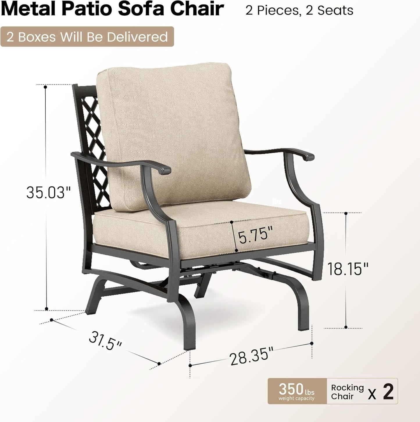 Metal Outdoor Patio Rocker Chairs Set of 2 with 5.75" Extra Thick Cushion, 2 Piece High Back Rocker Patio Chairs All Weather Outdoor Furniture Seating for Deck Porch Backyard, Beige