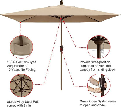 EliteShade USA 10-Year-Non-Fading 6.5x10Ft Rectangular Market Umbrella Patio Umbrella Outdoor Table Umbrella with Ventilation（Hrather Beige）