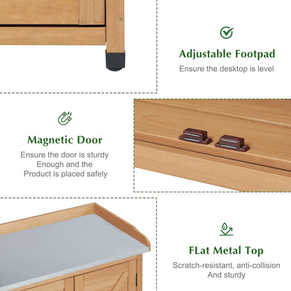 Outdoor Storage Cabinet & Potting Bench Table with Metal Top, Wooden Patio Furniture, Garden Workstation (Light Brwon, 39x31.5x17in)