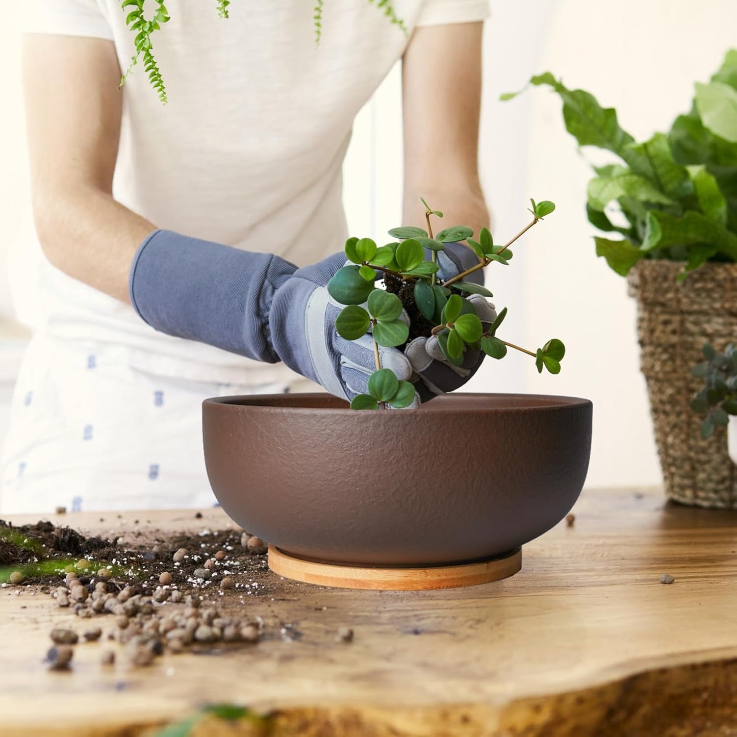 SQOWL 10 Inch Large Terracotta Planter Pot,Clay Succulent Bonsai Planter with Drainage Hole and Bamboo Saucer for Indoor Plants