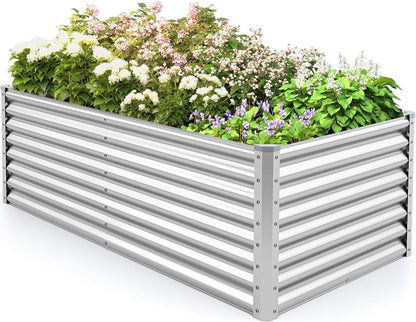 Rectangular Raised Garden Bed, Galvanized Garden Planter with Open Bottom, Sprayed Plate & Corner Protectors, Outdoor Metal Planter Box for Vegetables, Flowers & Herbs (Sliver)
