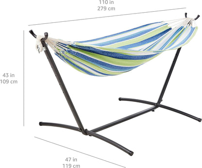 Amazon Basics Double Hammock with 9-Foot Space Saving Steel Stand and Carrying Case, 450 lb Capacity, Oasis Stripe, 110 x 47 x 43 inches