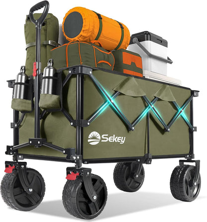 Collapsible Wagon Cart with Big All-Terrain Beach Wheels, Foldable Heavy Duty Wagons with Cup Holders, Utility Carts for Camping, Garden, Outdoor, Grocery, Sports. Khaki