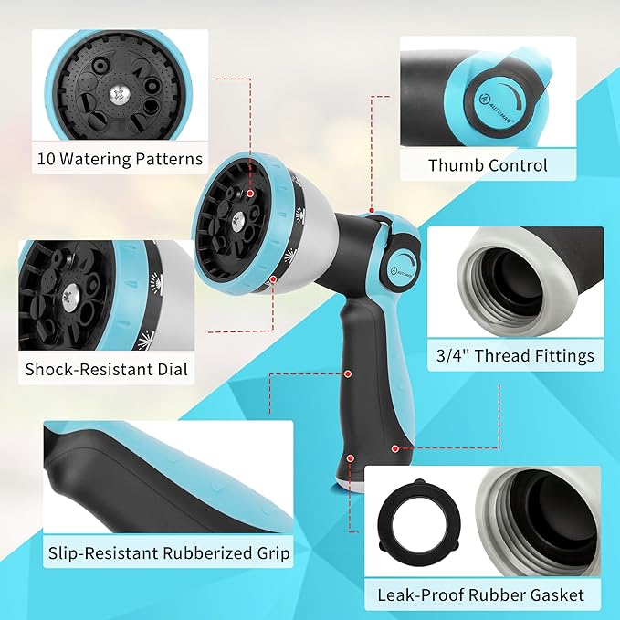 AUTOMAN Garden Hose Nozzle Sprayer - 10 Spray Patterns, High Pressure, Thumb Control On Off Valve, Metal Duty Water Nozzle, Extra 3 Washers, for Watering Garden, Cleaning, Washing Car, Showering Pets