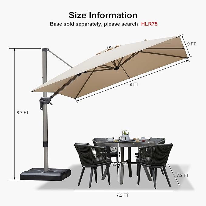 PURPLE LEAF 9' X 9' Patio Umbrella Outdoor Cantilever Umbrella, Aluminum Offset Umbrella with Champagne Frame and 360° Rotation for Pool Deck Garden, Beige
