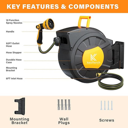 Retractable Hose Reel, 1/2 Inch x 98 FT Compact Water Hose Reel Wall Mounted Garden Hose Reel with 10 Pattern Nozzles, Any Length Lock, Slow Rewind Storage, 180°Swivel Bracket