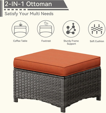 5 Piece Outdoor Patio Furniture Set Wicker Conversation Set Swivel Rocking Chairs with Side Table and Ottomans for Backyard, Porch, Deck, Orange