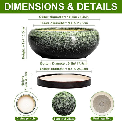 Bonsai Pots 10 Inch - Ceramic Pots for Plants Indoor Outdoor, Succulent Pot with Drainage Hole and Saucer, Large Bonsai Planter, Round Shallow Planter, Office Decor, Gardening Gift, Green