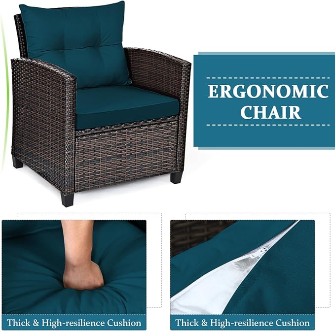 RELAX4LIFE 3 Piece Patio Furniture Set, Wicker Bistro Conversation Set w/2 Cushioned Armchairs & Glass Topped Table, Outdoor Rattan Sofa Set Patio Furniture for Porch Balcony Poolside (Peacock Blue)