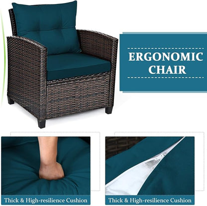 RELAX4LIFE 3 Piece Patio Furniture Set, Wicker Bistro Conversation Set w/2 Cushioned Armchairs & Glass Topped Table, Outdoor Rattan Sofa Set Patio Furniture for Porch Balcony Poolside (Peacock Blue)