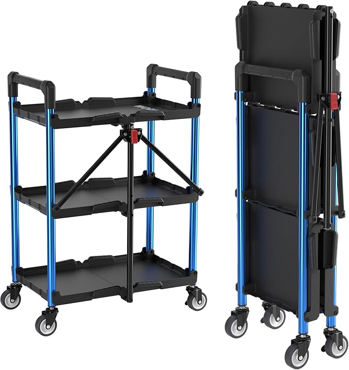 WORKPRO 3-Tier Collapsible Service Cart, 210 LBS Foldable Utility Service Cart with Wheels, Portable Tool Cart for Garage, Warehouse, Home, Restaurant, Office (No Assembly Required)