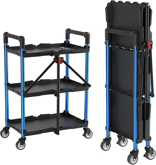 WORKPRO 3-Tier Collapsible Service Cart, 210 LBS Foldable Utility Service Cart with Wheels, Portable Tool Cart for Garage, Warehouse, Home, Restaurant, Office (No Assembly Required)