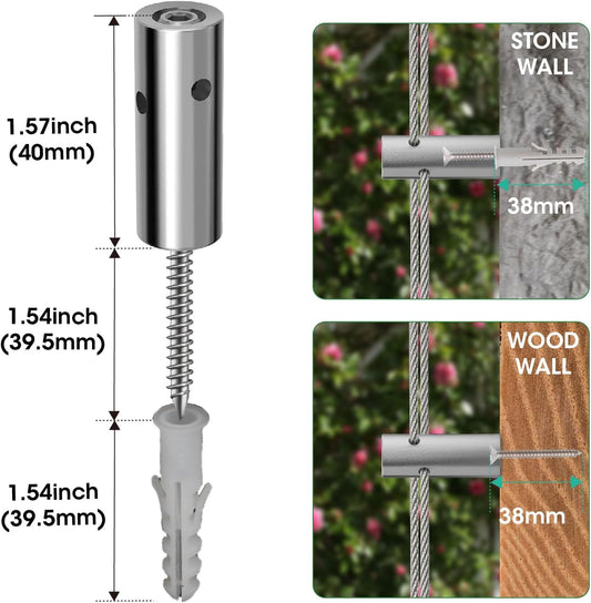 20 Sets Cylindrical Hubs Wall Trellis Kits, Wire Trellis for Climbing Plants Outdoor with 98Ft x 1/8" T316 Stainless Steel Rope, Garden Wire Trellis System for Espalier & Vertical Gardening
