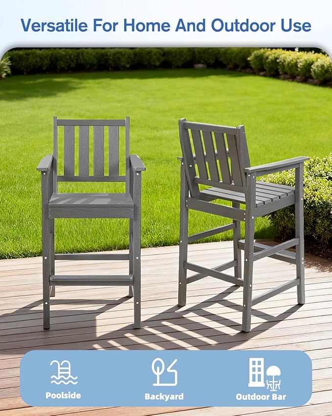 QUASCO 5 PCS Outdoor Adirondack Bar Chairs and Table Set, HDPE Patio Bar Height Chairs Set of 4 and Bar Table, All Weather Outdoor Bar Stools Set for Bistro, Balcony, Poolside, Gray