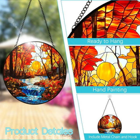 Fall Decor Sunset Suncatcher Stained Glass Window Hanging - Handmade Sun Catchers Indoor Window Decor with Tree and River - Stain Glass Christmas Decorations Panels - Birthday Gift for Women Men Mom