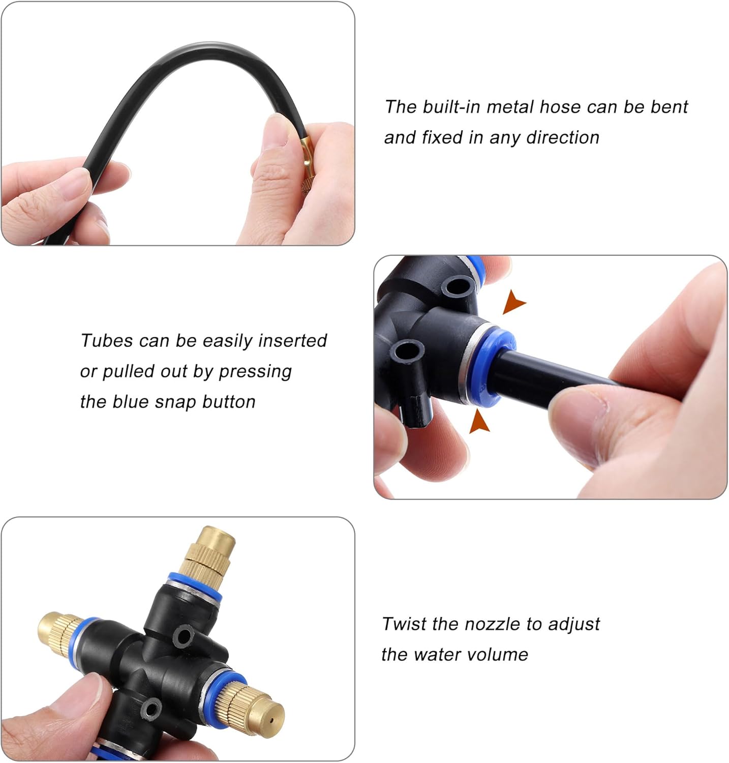 Mornajina 3Packs 3 Way Brass Misting Nozzles Tee with 13inch Built in Hose for Outdoor Cooling System, Adjustable 360° Rotation, Water Mister Nozzles Thread Sprayer 0.043" (1.1 mm)