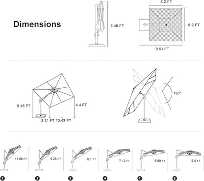 PURPLE LEAF 8' X 8' Swivel Outdoor Patio Aluminum Umbrella with Base Left-right Tilting Cantilever Offset Umbrella with UV Resistant Heavy Duty Fabric for Deck Pool Patio Backyard, Ocean Slate