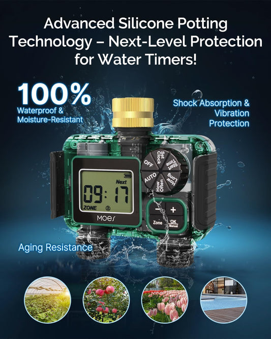 MOES 2 Outlet Sprinkler Timer, Brass Inlet, Programmable Automatic Irrigation Controller, Rain Delay, Manual Watering, 2 Zone Water Hose Timer for Gardens, Lawns, and Hose Systems