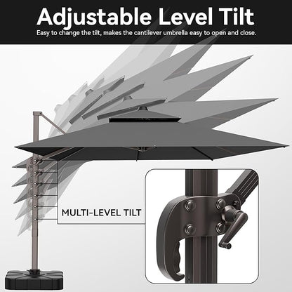 9x12 FT Patio Umbrella with base, Large Cantilever Rectangular Double Top Heavy Duty Offset Umbrellas with 360° Rotation, Outdoor shade for Garden Deck Pool, Gray