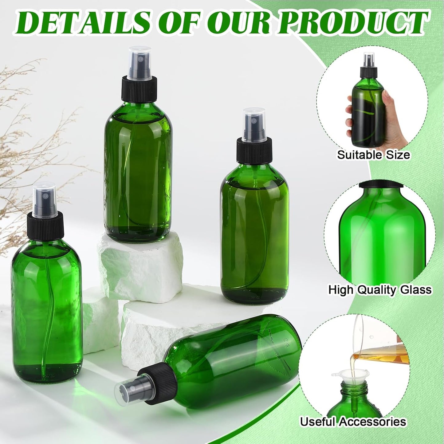 Norme 12 Pcs 8 oz Glass Spray Bottles with Funnels and Labels Refillable Cosmetic Empty Spray Bottles with Sprayer Containers for Essential Oil Cleaning Solutions (Green,Stylish)
