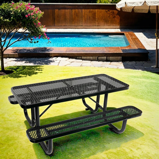 6 ft. Rectangular Outdoor Steel Picnic Table with Umbrella Pole, Heavy-Duty Weather-Resistant Dining Table for Patio, Backyard, and Garden, Rust-Resistant Finish, Black