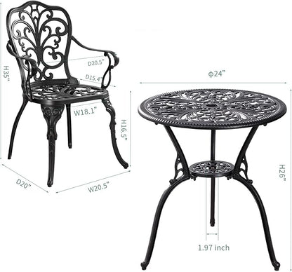 3 Piece Patio Bistro Set Cast Aluminum Bistro Table and Chairs Set of 2 with Umbrella Hole,All Weather Metal Bistro Table Set,Outdoor Patio Furniture Set for Garden(Butterfly Black)