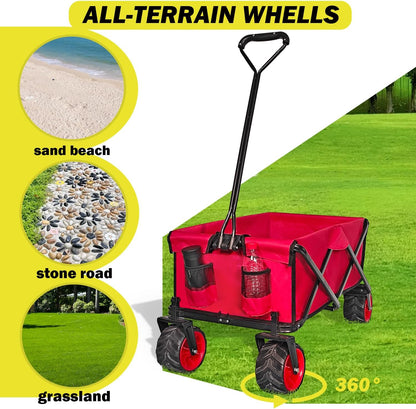 Collapsible Foldable Wagon Cart, Heavy Duty Folding Wagon with Big All-Terrain Beach Wheels, Portable Utility Garden Cart with 330lbs Weight Capacity for Camping Fishing & Outdoor Use