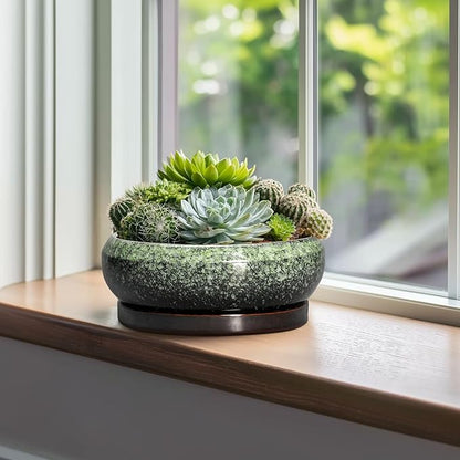 Bonsai Pots 10 Inch - Ceramic Pots for Plants Indoor Outdoor, Succulent Pot with Drainage Hole and Saucer, Large Bonsai Planter, Round Shallow Planter, Office Decor, Gardening Gift, Green