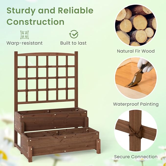 HAPPYGRILL Raised Garden Bed with Trellis, Drainage Holes, 2-Tier Wooden Elevated Planter Box w/Legs for Climbing Plants Vine Flower Herb Vegetable Fruit, Outdoor Garden Box for Patio Balcony (2)