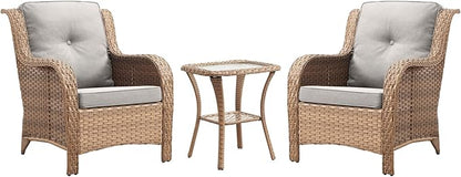 Rilyson Patio Bistro Set Outdoor Chairs - 3 Piece Wicker Rattan Patio Furniture Set with 2 Armrest Chair and 1 Side Table for Proch Deck Garden Backyard Balcony(Yellow/Beige)