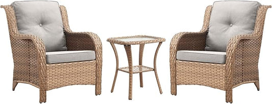 Rilyson Patio Bistro Set Outdoor Chairs - 3 Piece Wicker Rattan Patio Furniture Set with 2 Armrest Chair and 1 Side Table for Proch Deck Garden Backyard Balcony(Yellow/Beige)