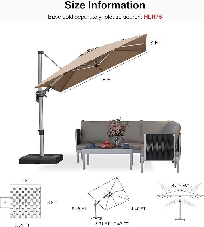 PURPLE LEAF 8' X 8' Left-right Tilting Patio Umbrella Outdoor Swivel Cantilever Umbrella Aluminum Offset Umbrella with Champagne Frame and 360-degree Rotation for Garden Deck Pool, Taupe
