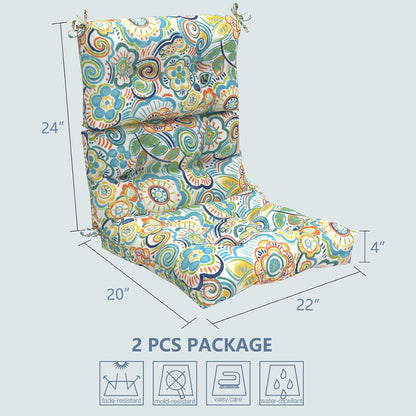 LVTXIII Outdoor Seat/Back Chair Cushion Patio Tufted High Back Cushion, Seasonal Replacement Rocking Chair Cushion with Ties (22” W x 20D”, Set of 2, Flower Blue)