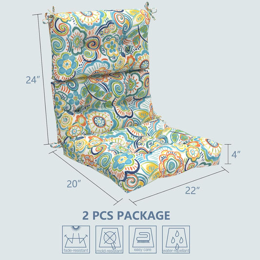 LVTXIII Outdoor Seat/Back Chair Cushion Patio Tufted High Back Cushion, Seasonal Replacement Rocking Chair Cushion with Ties (22” W x 20D”, Set of 2, Flower Blue)