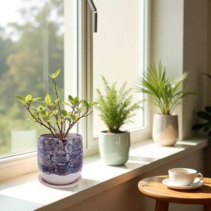 6 in Ceramic Plant Pot with Saucer，Indoor Plant Pot for Plants, Flower Pot with Drainage，Reactive Glaze Grey