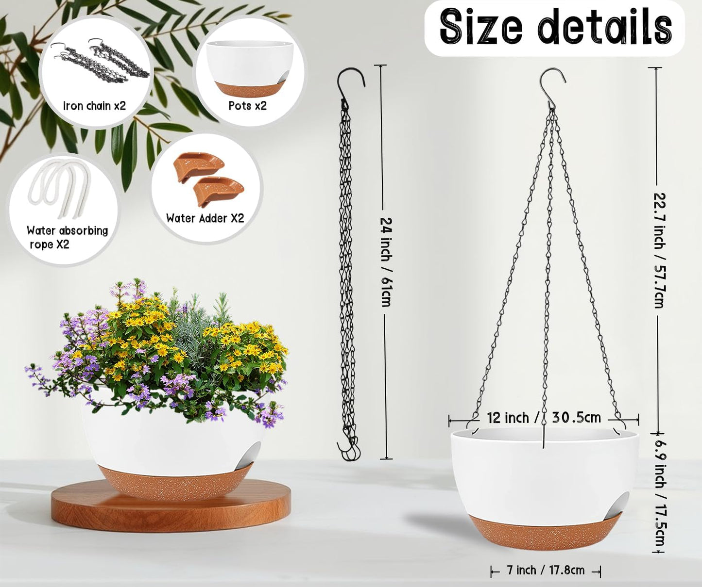 2 Pack 12 Inch Large Hanging Planters with Chains Self Watering White Brown Plastic Hanging Pots for Indoor Outdoor Plants, Garden Porch Home Decor，White Brown